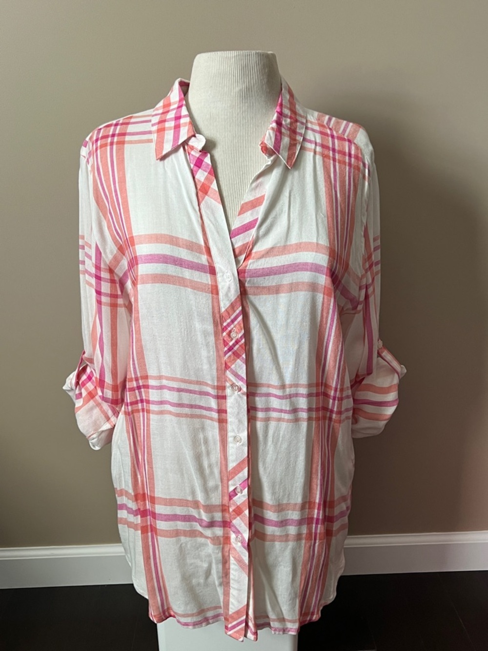 Womens Lightweight Pink & Coral Plaid Button-Up Shirt Sz L - Picture 5 of 9